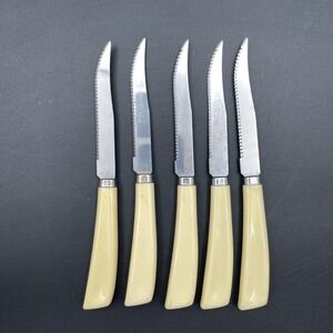 Quikut‎ Stainless Serrated Steak Knives Ivory Handles Lot 5 USA Vintage